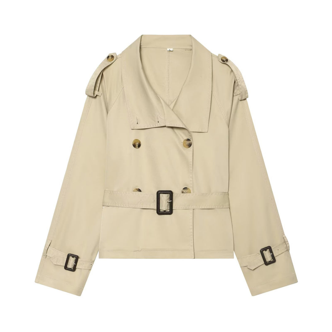 Damen Kurztrench im Boxy‑Stil mit doppelreihigem Verschluss, Schnallenärmeln und Taillengürtel Nord Taschen