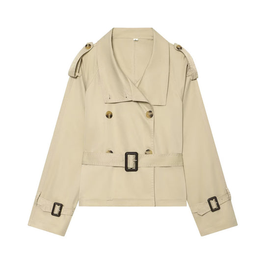 Damen Kurztrench im Boxy‑Stil mit doppelreihigem Verschluss, Schnallenärmeln und Taillengürtel Nord Taschen