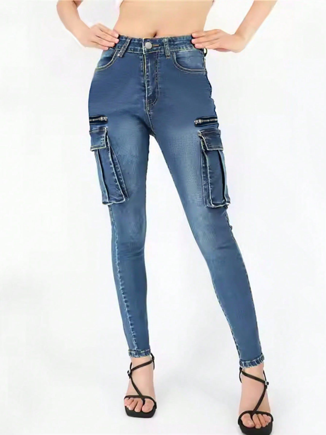 Damen High‑Waist Slim‑Cargo‑Jeans mit Klappentaschen und Reißverschluss-Details Nord Taschen