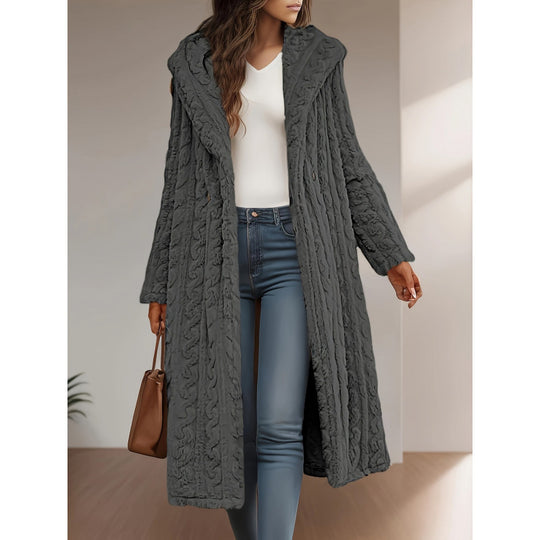 Damen Langer Kapuzen-Teddy-Mantel mit Zopfstrick-Optik Nord Taschen