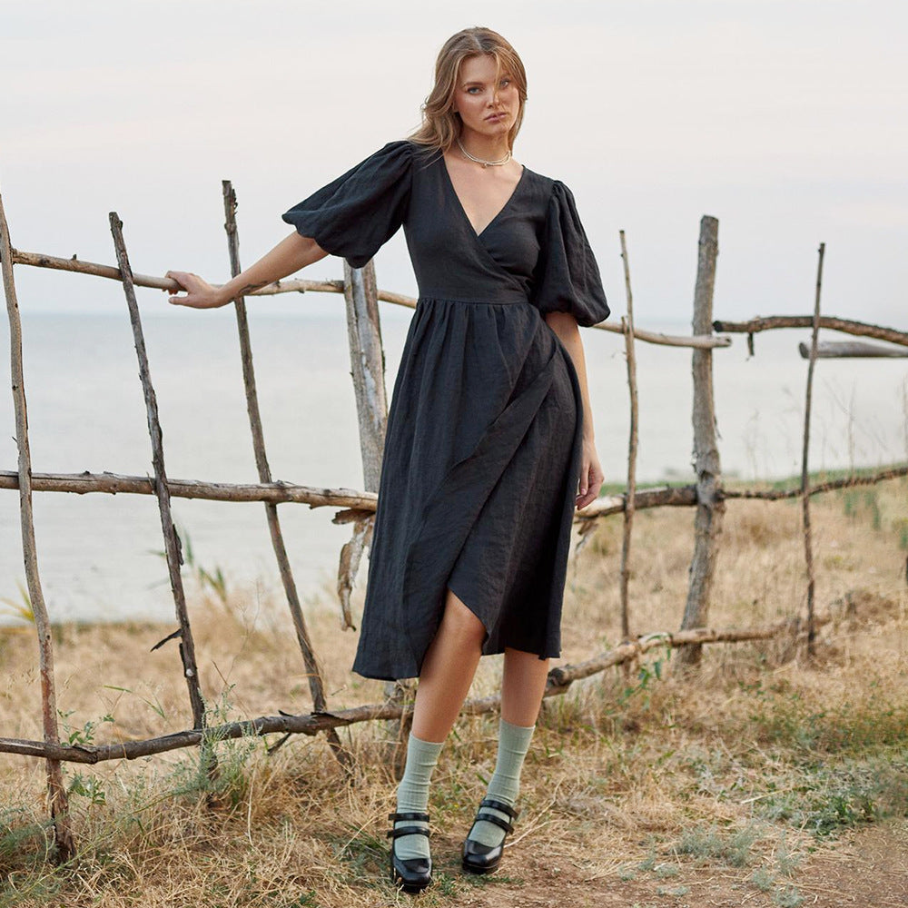 Damen Lässiges Leinenkleid mit Ballonärmeln und Tailliertem Gürtel