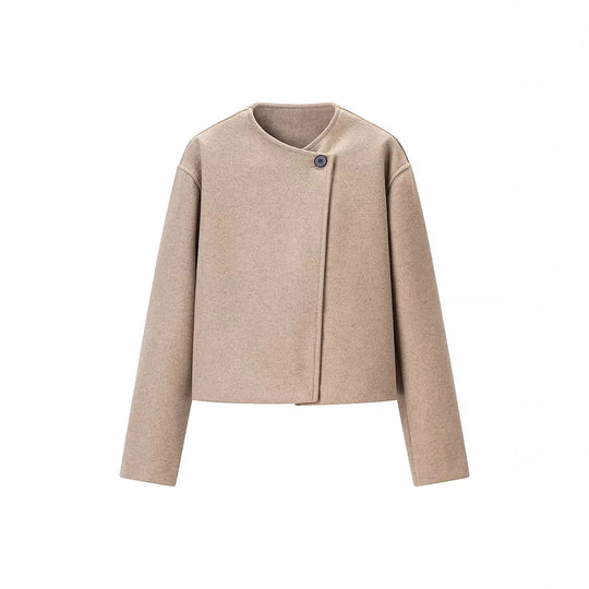 Damen Kurz geschnittene Wollmix-Boxy-Jacke mit asymmetrischer Knopfleiste Nord Taschen
