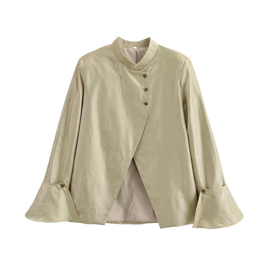 Damen Asymmetrische Satin-Bluse-Jacke mit Mandarinkragen und Glockenärmeln Nord Taschen