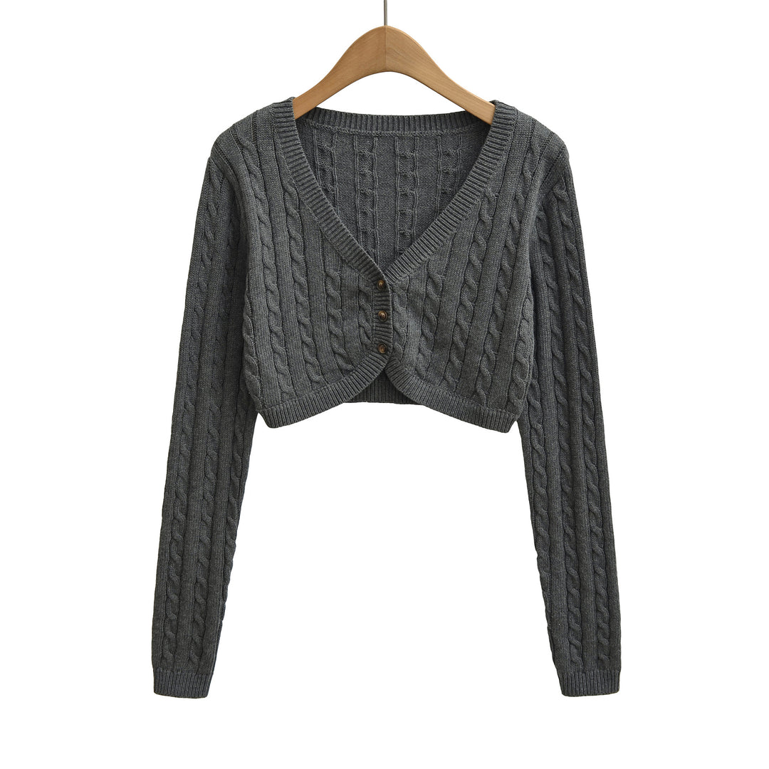 Damen Kurzgeschnittener Zopfstrick-Cardigan mit V‑Ausschnitt und Knopfleiste Nord Taschen