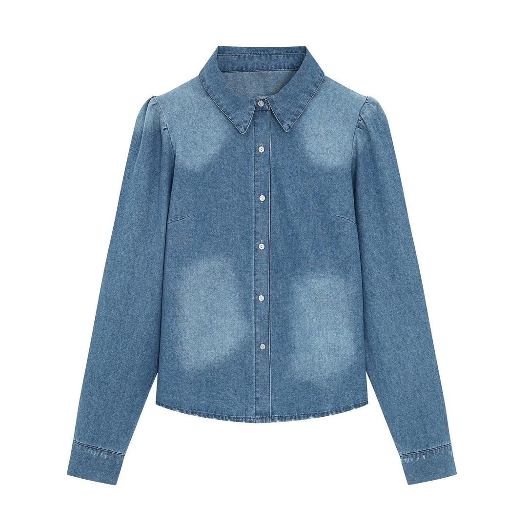 Damen Denim-Hemdbluse mit leichtem Puffärmel und klassischem Hemdkragen Nord Taschen