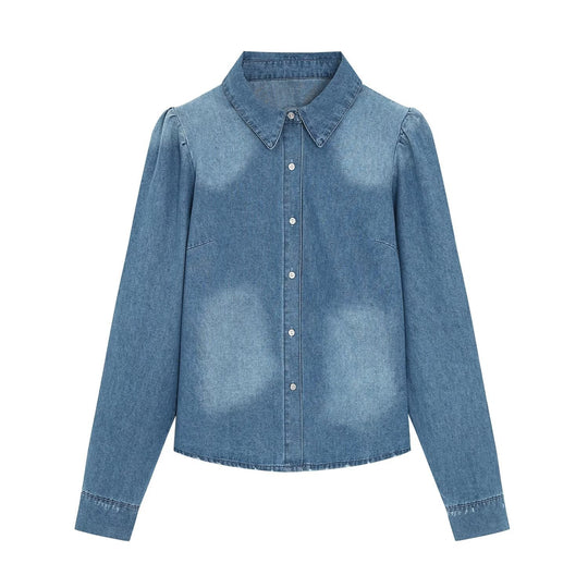 Damen Denim-Hemdbluse mit leichtem Puffärmel und klassischem Hemdkragen Nord Taschen