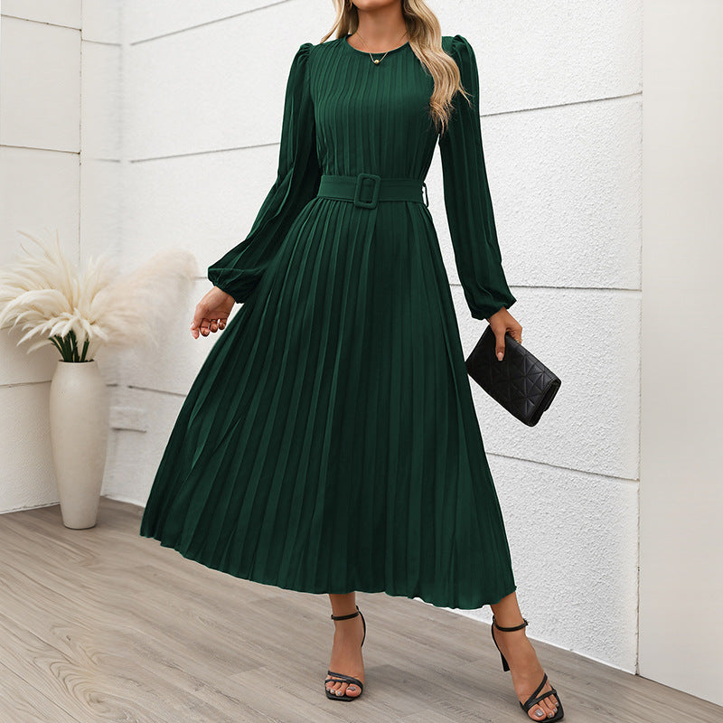 Damen Plissiertes Midikleid mit Taillengürtel, langen Puffärmeln und seitlichem Schlitz Nord Taschen