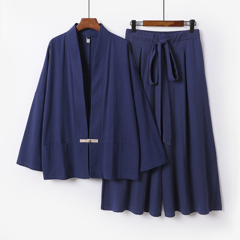 Damen Zen-inspiriertes Kimono-Set aus fließender Viskose mit kurzer Jacke und weiter Culotte-Hose Nord Taschen