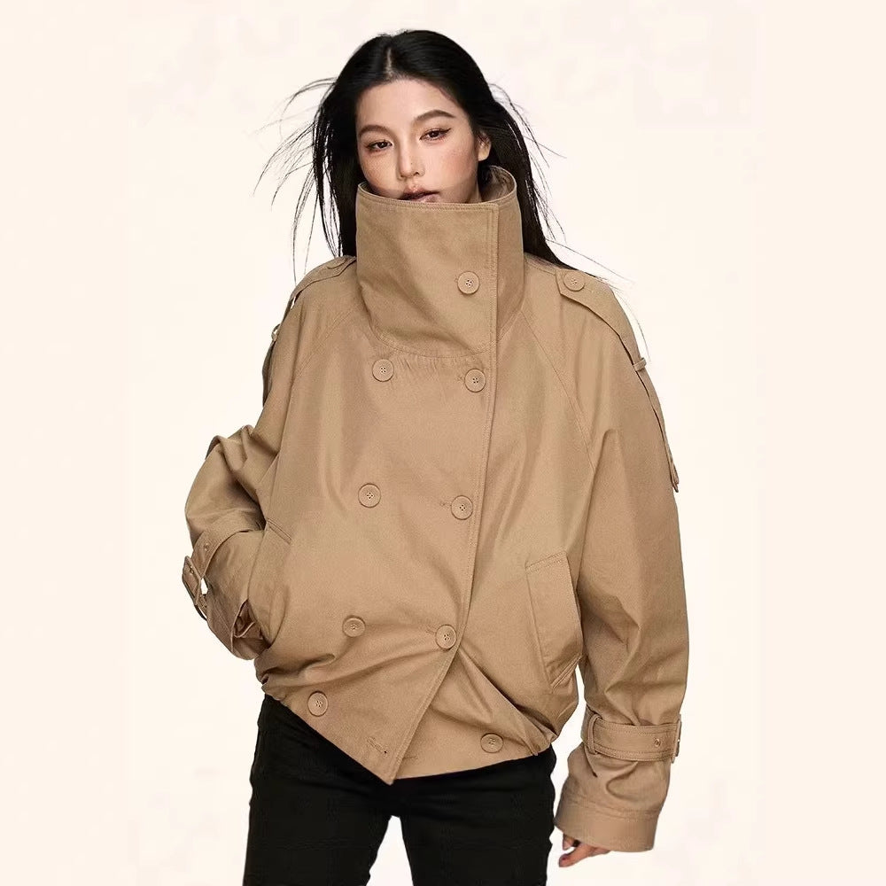 Damen Oversized Doppelreihige Trench-Bomberjacke mit hohem Stehkragen Nord Taschen