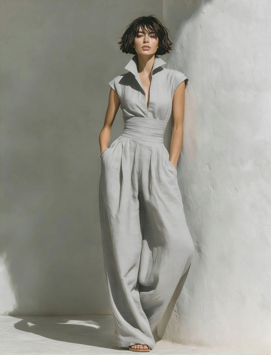 Damen Jumpsuit mit weitem Bein, tailliertem Wickelbund und Stehkragen Nord Taschen