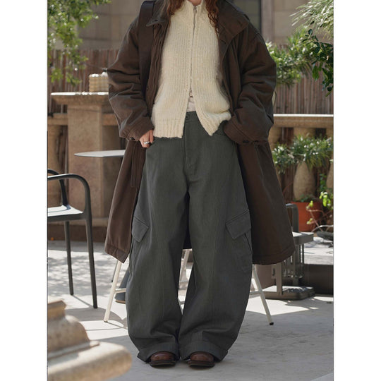 Damen Weite Twill-Cargo-Hose im Baggy-Stil mit hoher Bundlinie, Knie-Panels und Umschlagsaum Nord Taschen