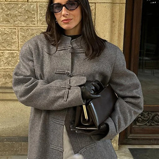 Damen Boxy Wollmix-Kurzjacke mit Knebelverschlüssen und Stehkragen Nord Taschen