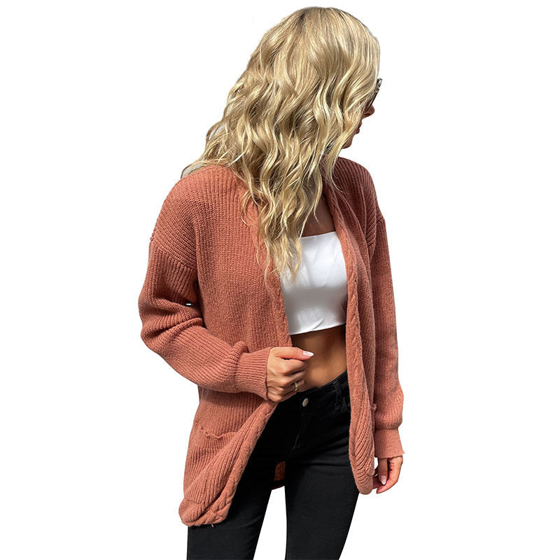 Damen Langer Offener Cozy-Cardigan aus Grobstrick mit aufgesetzten Taschen und entspanntem Fall Nord Taschen
