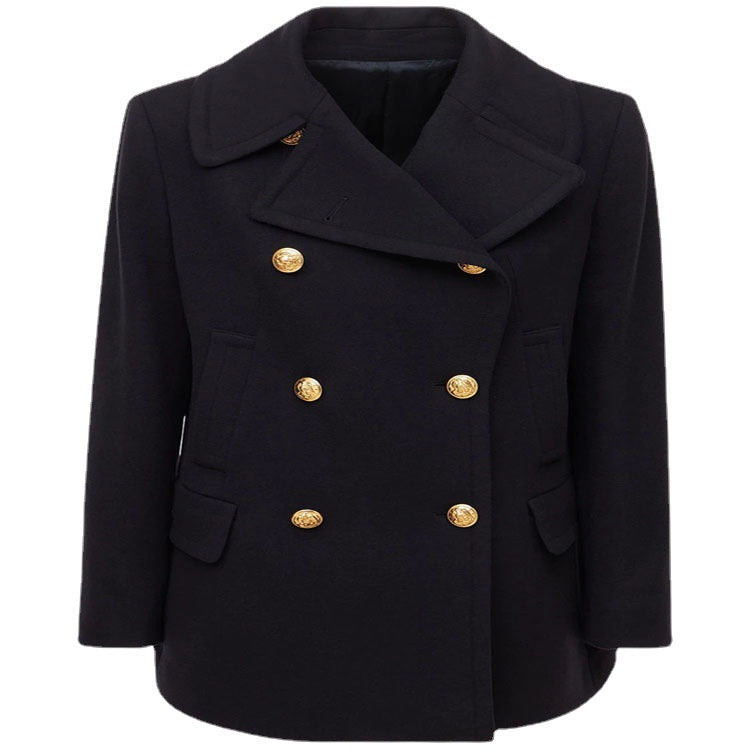 Damen Kurzer Zweireihiger Wollmix-Peacoat mit goldenen Zierrundknöpfen und taillierter Silhouette Nord Taschen