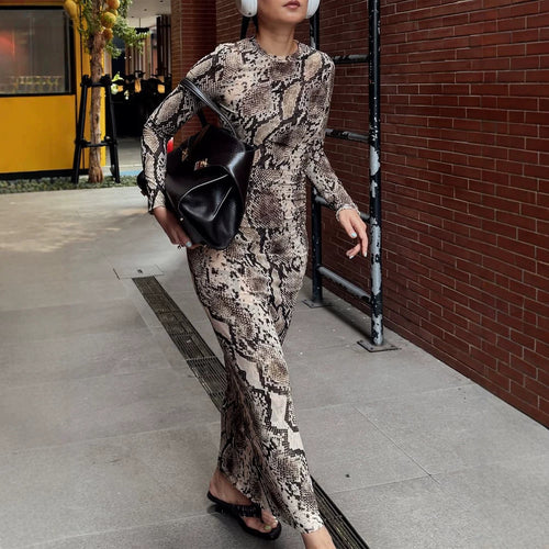 Damen Figurbetontes Maxikleid aus Stretch-Jersey mit Schlangenprint und Rundhalsausschnitt Nord Taschen