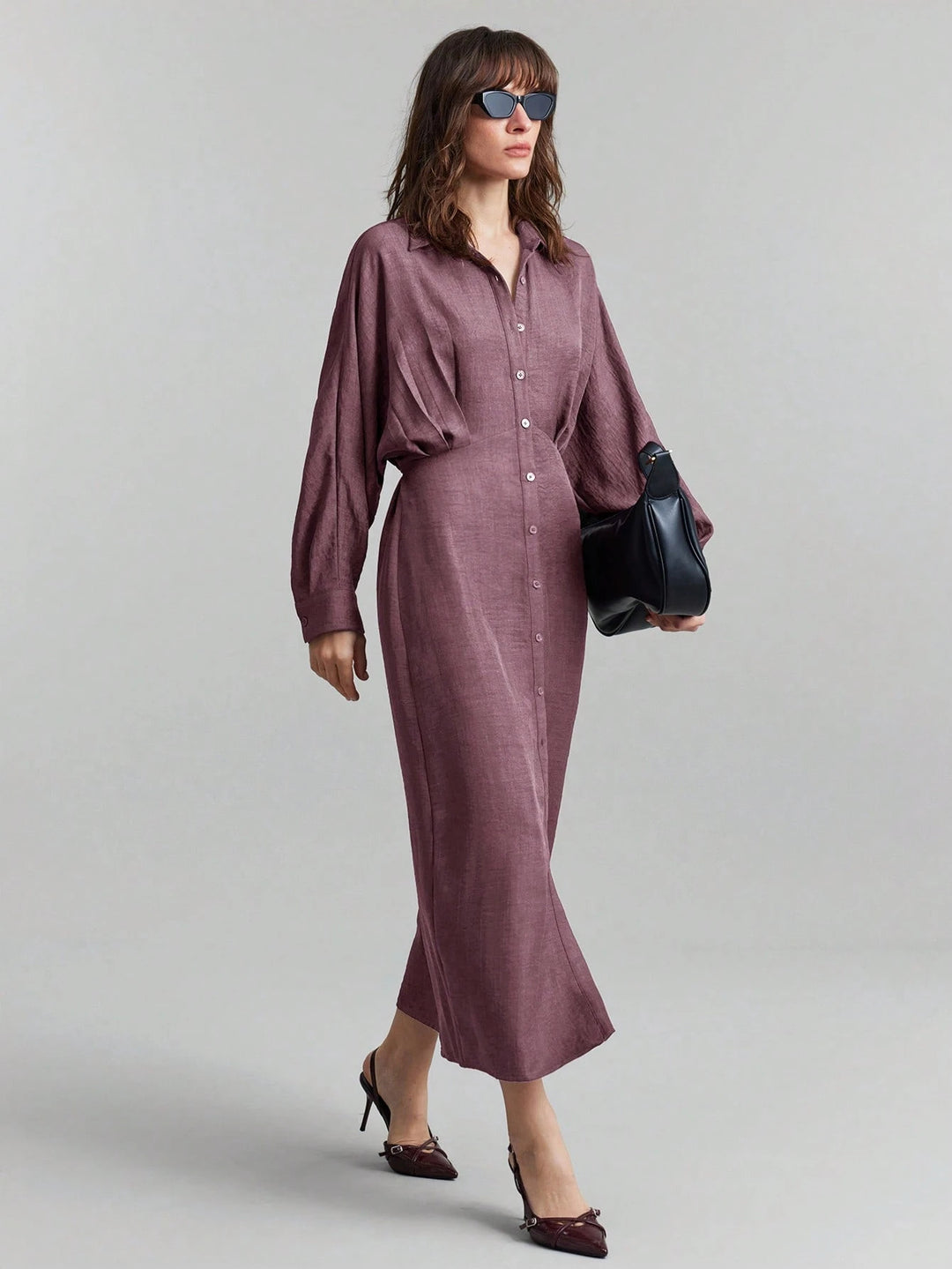Damen Leinen-Maxikleid mit Hemdkragen, durchgehender Knopfleiste und Fledermausärmeln Nord Taschen