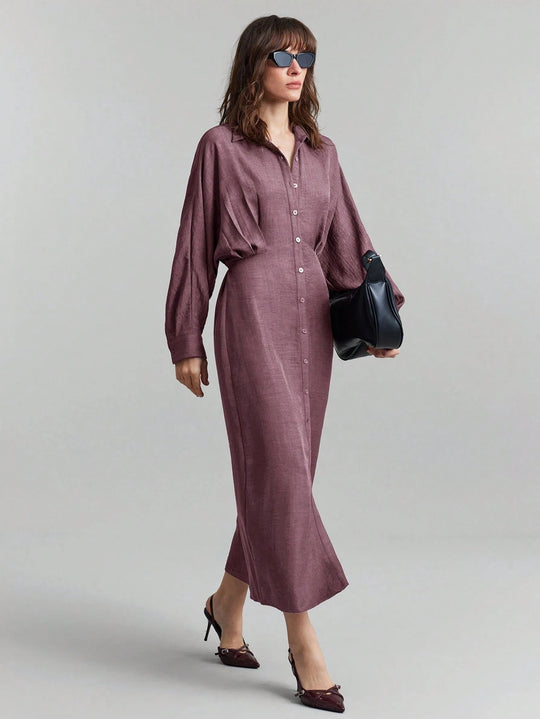 Damen Leinen-Maxikleid mit Hemdkragen, durchgehender Knopfleiste und Fledermausärmeln Nord Taschen
