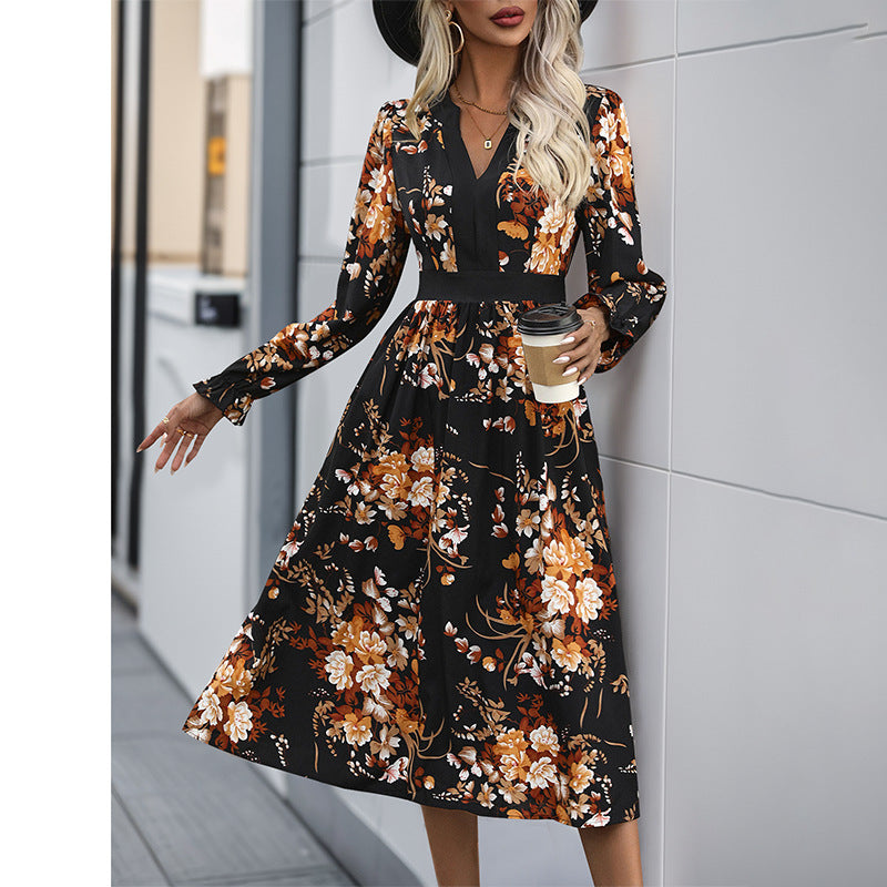 Damen Midikleid mit tailliertem Bund, V‑Ausschnitt, langen Ärmeln und floralem Allover‑Print Nord Taschen