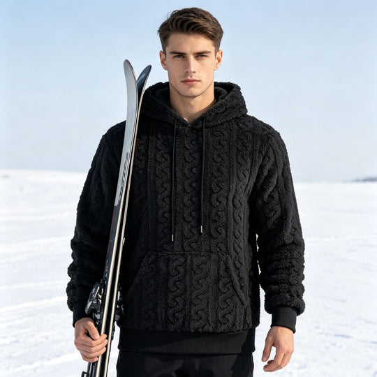 Herren Sherpa-Kapuzenpullover mit Zopfmuster, Kängurutasche und Rippbündchen Nord Taschen