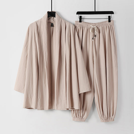 Unisex Entspanntes Kimono-Zweiteiler aus Baumwollmusselin mit Schalkragenjacke und geraffter Knöchelhose Nord Taschen