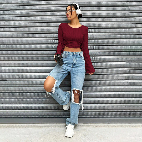 Damen geripptes Cropped-Longsleeve mit seitlicher Tunnelzugraffung, ausgestellten Ärmeln und figurbetonter Passform Nord Taschen