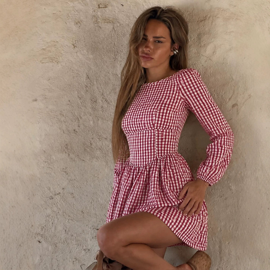 Damen tailliertes Vichy-Minikleid mit langen Ärmeln, figurbetonter Teilungsnaht und voluminöser Rockpartie Nord Taschen
