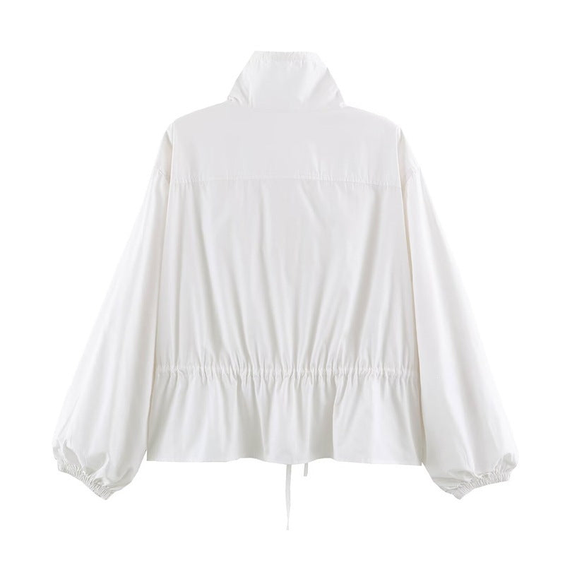 Damen Leichte taillierbare Windjacke mit Stehkragen, Tunnelzug und Ballonärmeln Nord Taschen