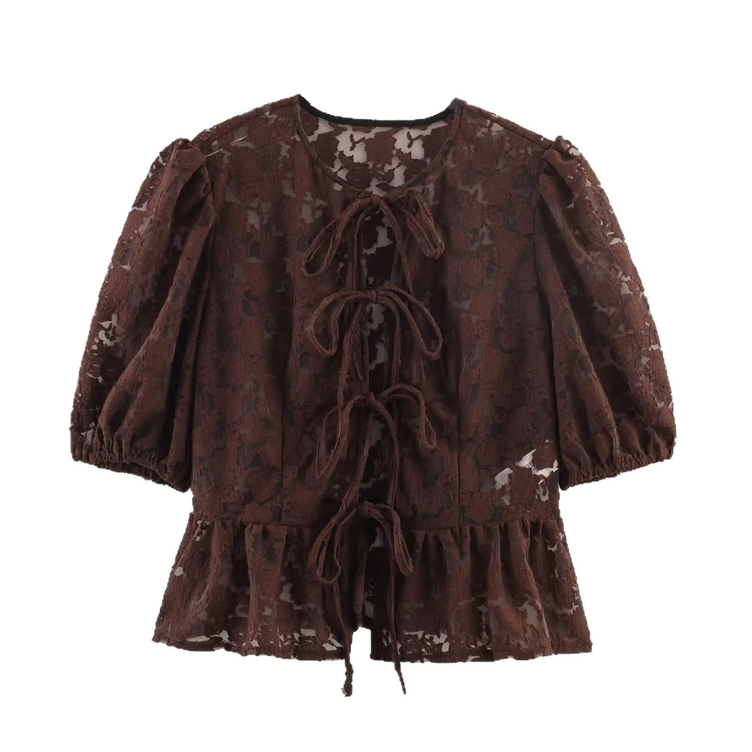 Damen Transparente Spitzenbluse mit frontalen Bindebändern und Volant‑Saum Nord Taschen