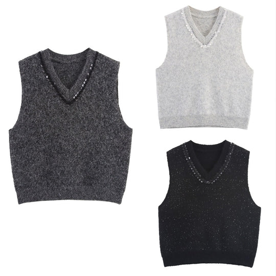 Damen Ärmellose Mohairoptik Strickweste mit V-Ausschnitt und Zierpailletten Nord Taschen