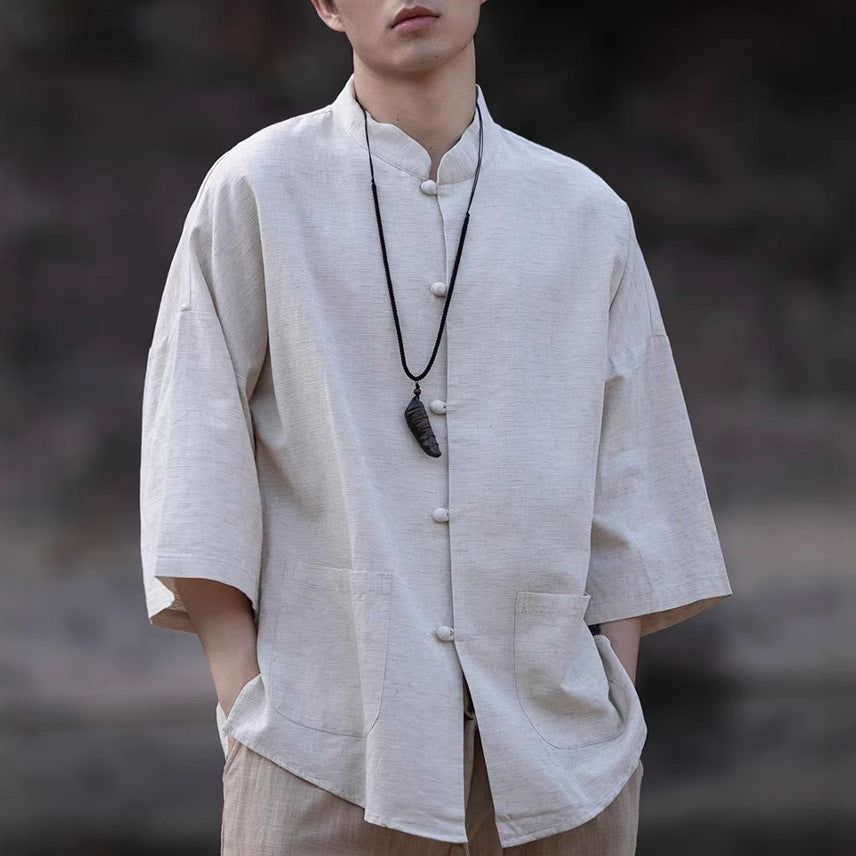Herren Oversize Hemd im Kimono-Stil aus Leinen-Baumwollmix mit Stehkragen Nord Taschen