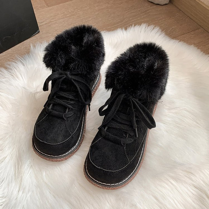 Damen  gefütterte Schnür-Boots mit Kunstfellkragen und rutschfester Plateau-Sohle Nord Taschen