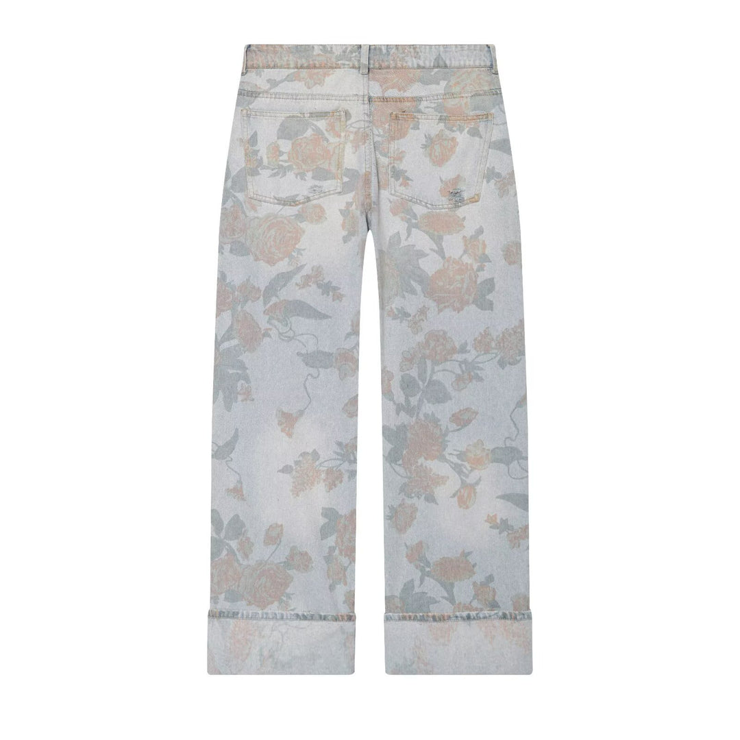 Damen Weite Blumenprint-Denimhose mit geradem Bein und Umschlag Nord Taschen