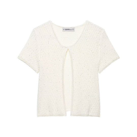 Damen Kurzärmelige Bouclé Strickjacke mit offenem Frontschlitz Nord Taschen