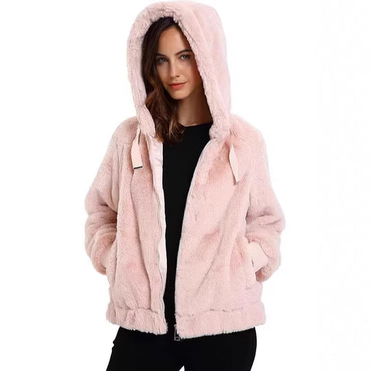 Damen Kapuzen‑Teddyjacke aus weichem Faux‑Fur mit Reißverschluss und Rippbündchen Nord Taschen