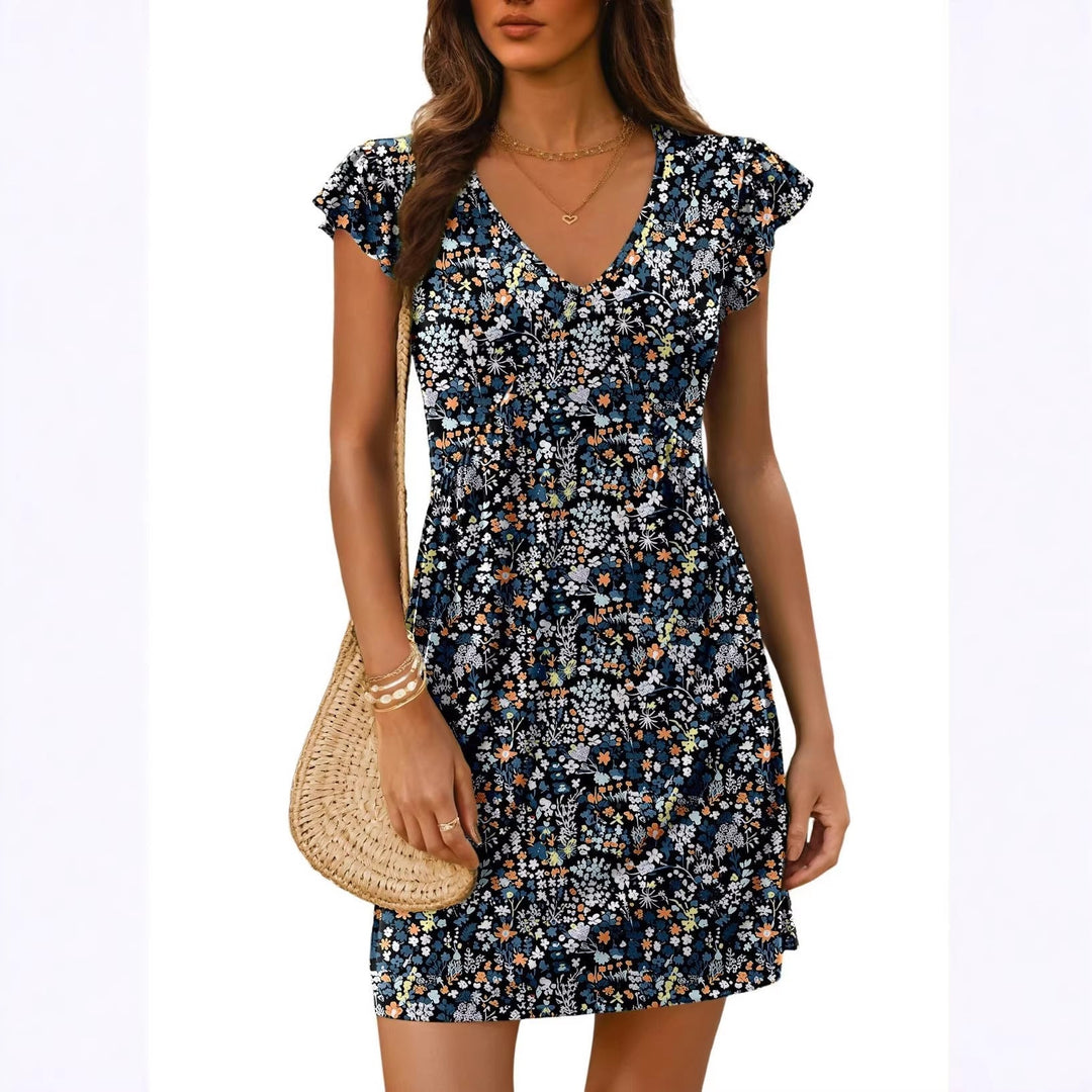 Damen luftiges sommerliches Kleid mit floralem Muster und V-Ausschnitt