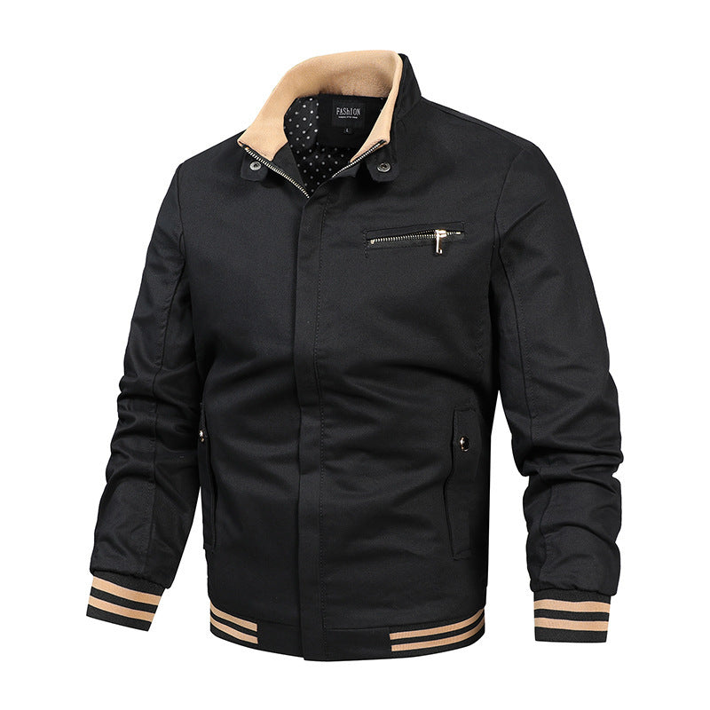 Herren Canvas-Bomberjacke im Retro-Pilotencut mit gestepptem Kragen und gestreiften Rippbündchen Nord Taschen