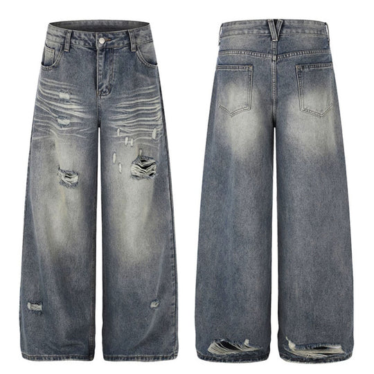 Damen Weite Destroyed Denim-Culotte-Jeans mit hoher Taille und Used-Effekt Nord Taschen