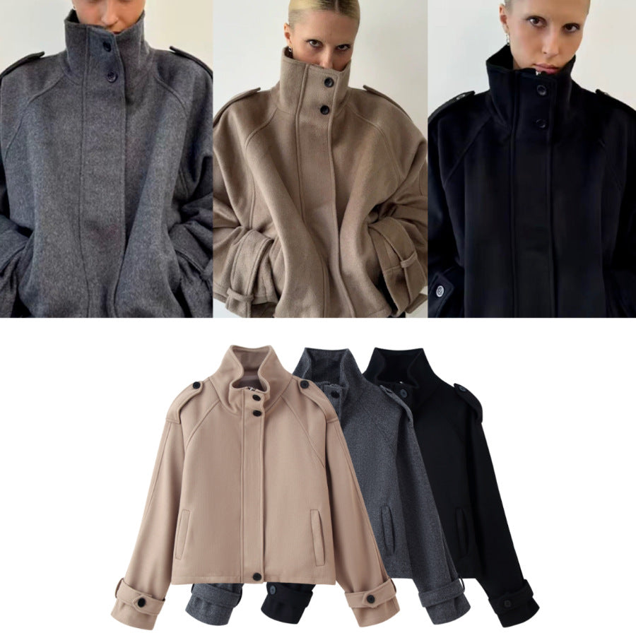 Damen 90+ kurzgeschnitteter Wollmix‑Blouson mit Funnelkragen und Taillierungsdetails Nord Taschen