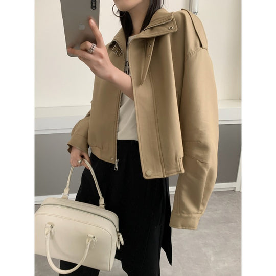 Damen Kurze Bomberjacke im Trench-Style mit hohem Stehkragen und Schulterpatten Nord Taschen