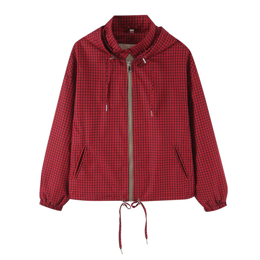 Damen Leichte Kapuzen-Boxy-Übergangsjacke mit Karo-Gitterprint, Tunnelzug und Elastikbündchen Nord Taschen