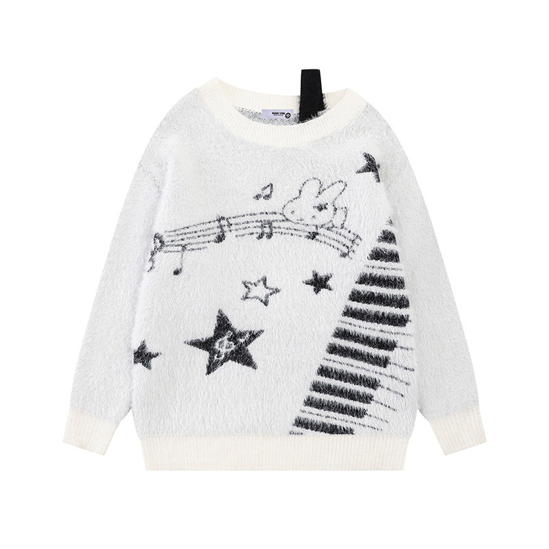 Damen Kuscheliger Strickpullover mit Cartoon-Noten- und Sternmotiv Nord Taschen