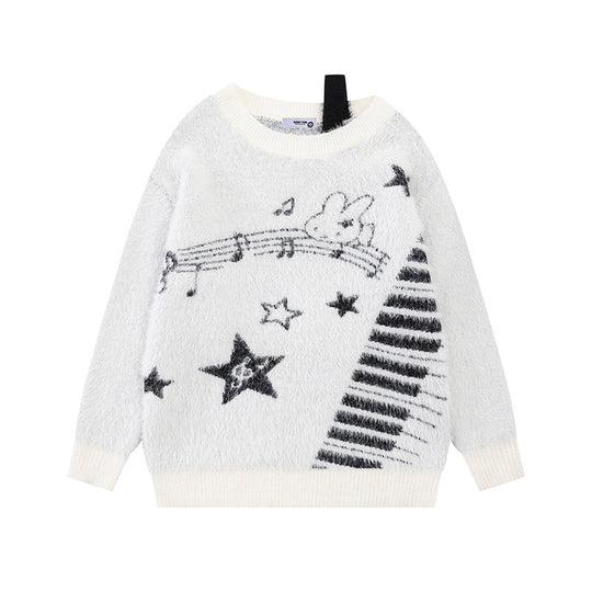 Damen Kuscheliger Strickpullover mit Cartoon-Noten- und Sternmotiv Nord Taschen