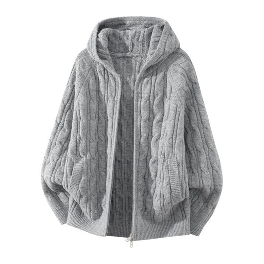 Damen Oversize Zopfstrick-Kapuzencardigan mit durchgehendem Reißverschluss und Ballonärmeln Nord Taschen