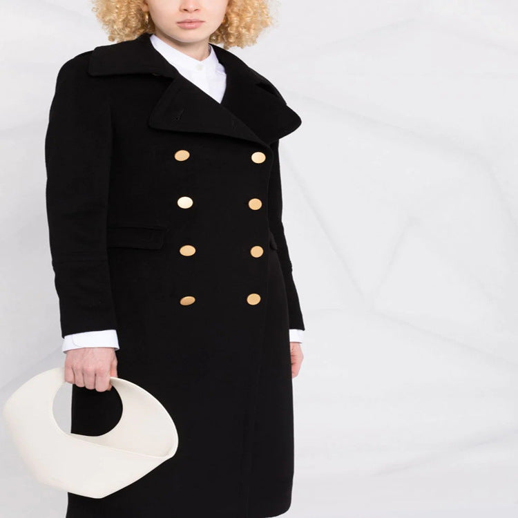 Damen Doppelreihiger Longcoat im Marinemantel‑Stil mit markanten Metallknöpfen Nord Taschen