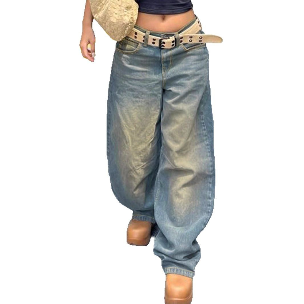 Damen Vintage-inspirierte Baggy-Jeans mit niedrigem Bund, weitem Bein und Used-Waschung Nord Taschen