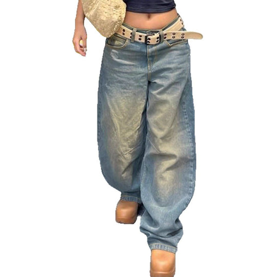 Damen Vintage-inspirierte Baggy-Jeans mit niedrigem Bund, weitem Bein und Used-Waschung Nord Taschen