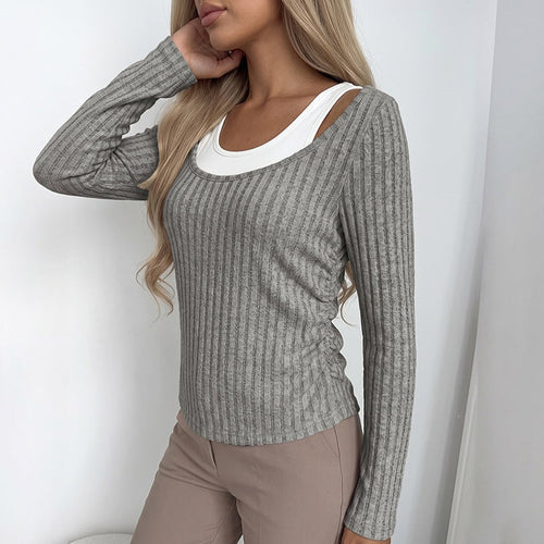 Damen Geripptes Langarmshirt mit weitem U-Boot-Ausschnitt und taillierter Silhouette Nord Taschen