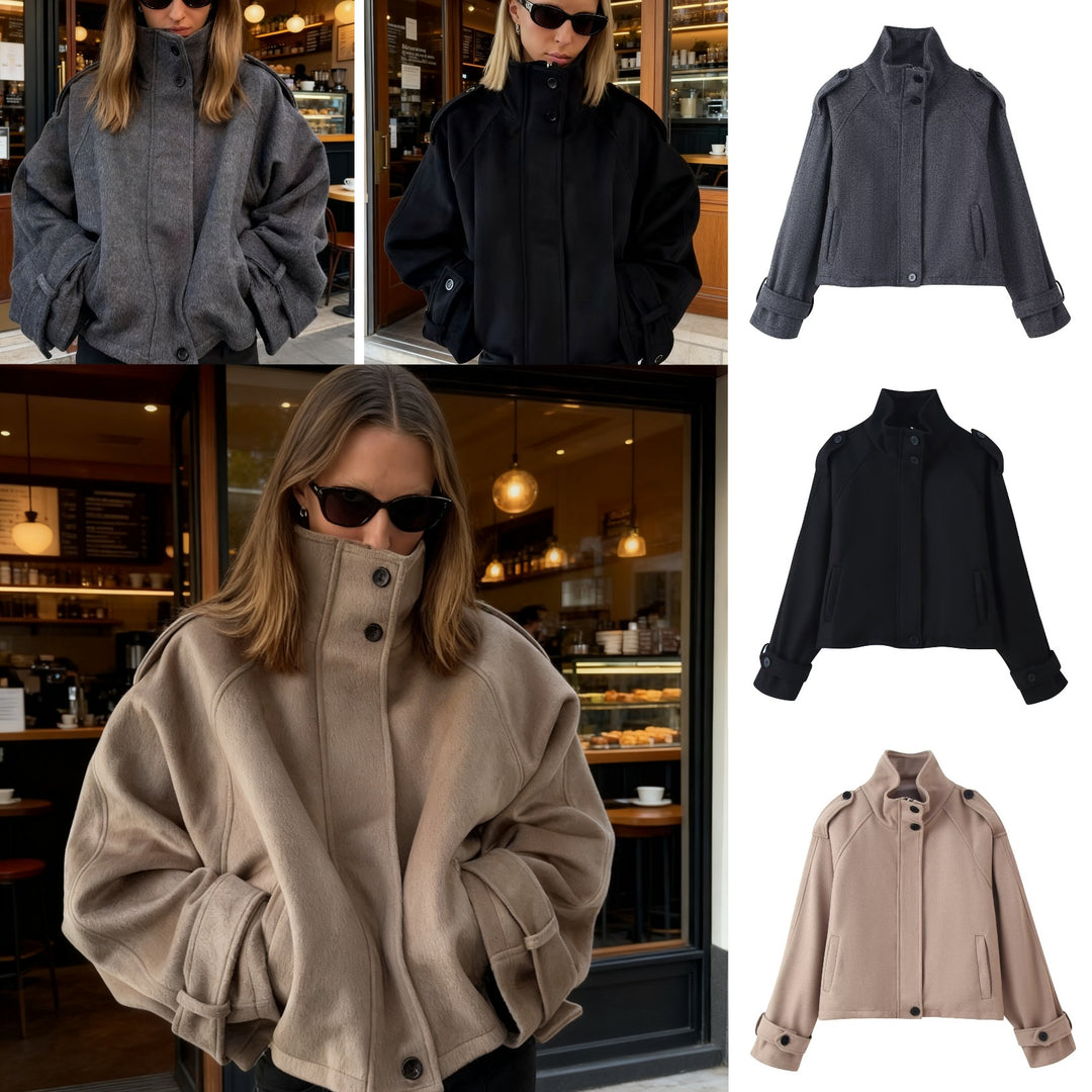 Damen Kurze Wollmix‑Jacke mit Stehkragen, Schulterklappen und verstellbaren Manschetten Nord Taschen