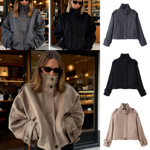 Damen Kurze Wollmix‑Jacke mit Stehkragen, Schulterklappen und verstellbaren Manschetten Nord Taschen
