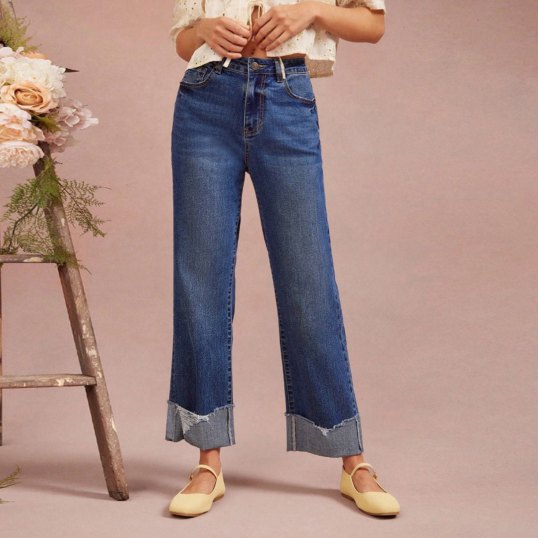 Damen Hochtaillierte Cropped-Jeans mit weitem Bein und ausgefranstem Umschlag Nord Taschen